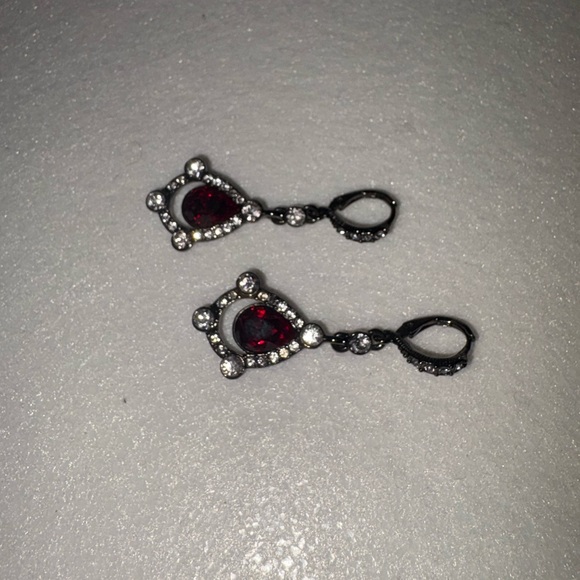 Givenchy Designer Costume Crystal Ruby Dangle Earrings in Blackened Metal - Picture 6 of 8